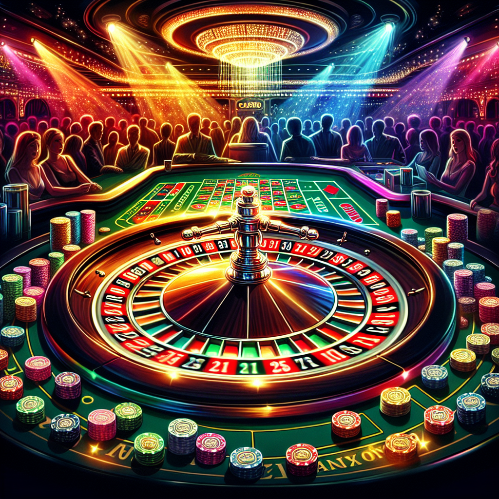 A roulette wheel with a vibrant casino backdrop