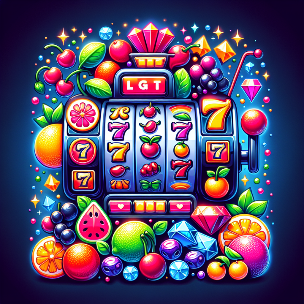 A vibrant slot machine with colorful fruits and symbols